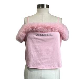 Forever 21 Angel Rhinestone Crop Top Faux Fur Trim Y2K NWT Size 1X